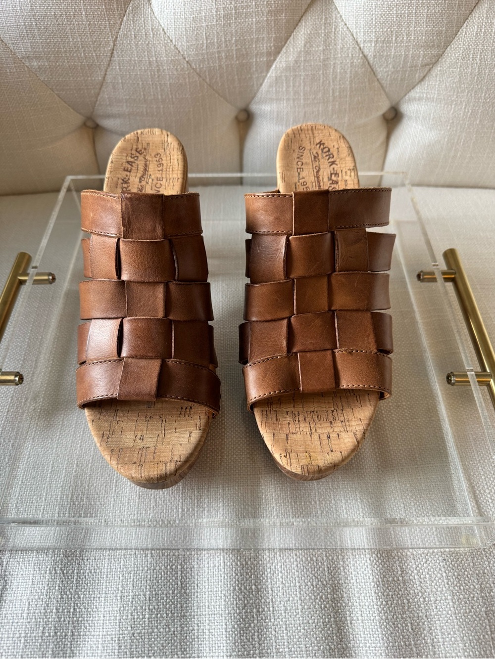 Kork-Ease Women's Cognac Brown Woven Leather Slide Clogs